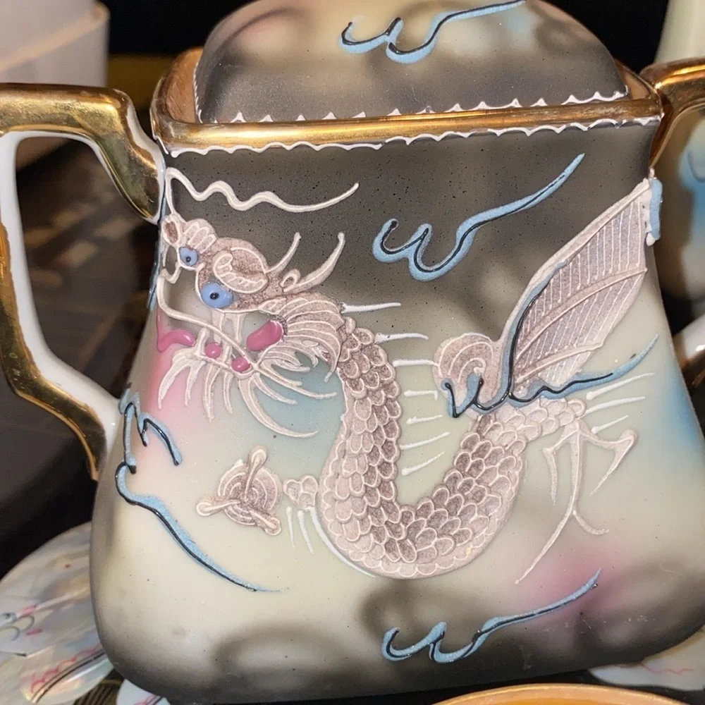 Vintage 21pc Moriyama Dragonwear hand painted Tea Set Japan Blue Bead Eyes